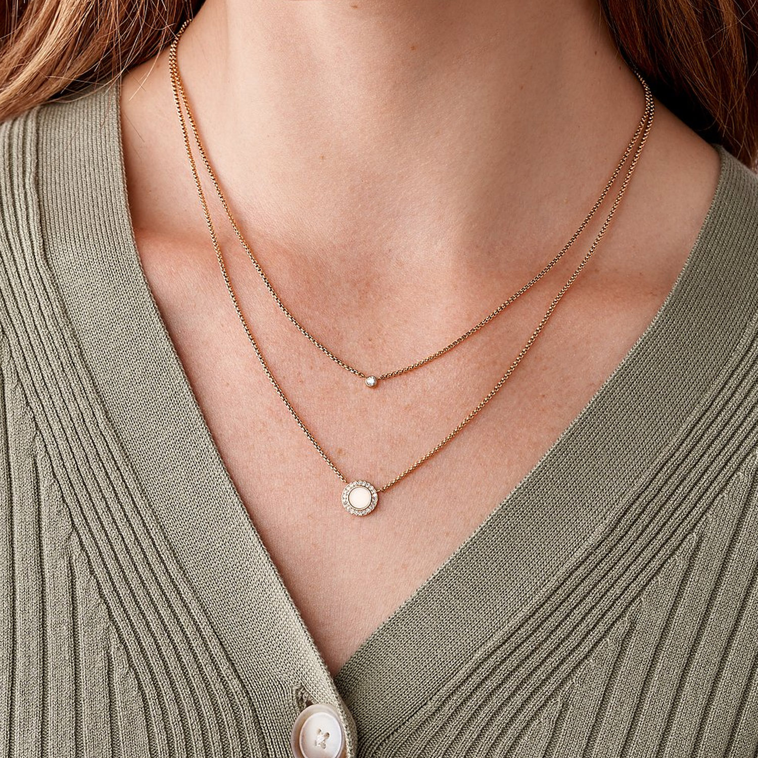 Fossil Glitz Edelstahl zweireihige Kette rosegold JF03057791b