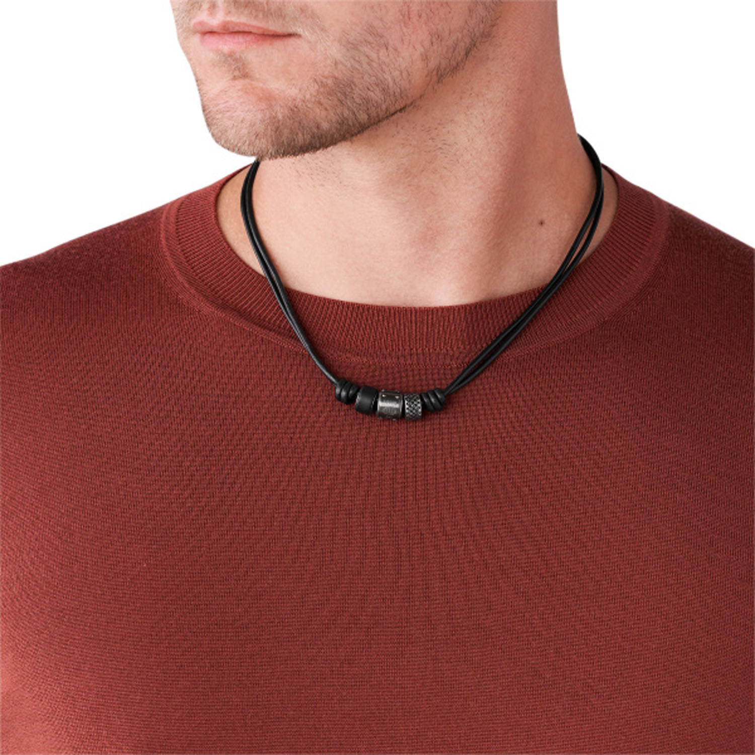 Fossil Herrenkette Leder Edelstahl Beads JF00501797b