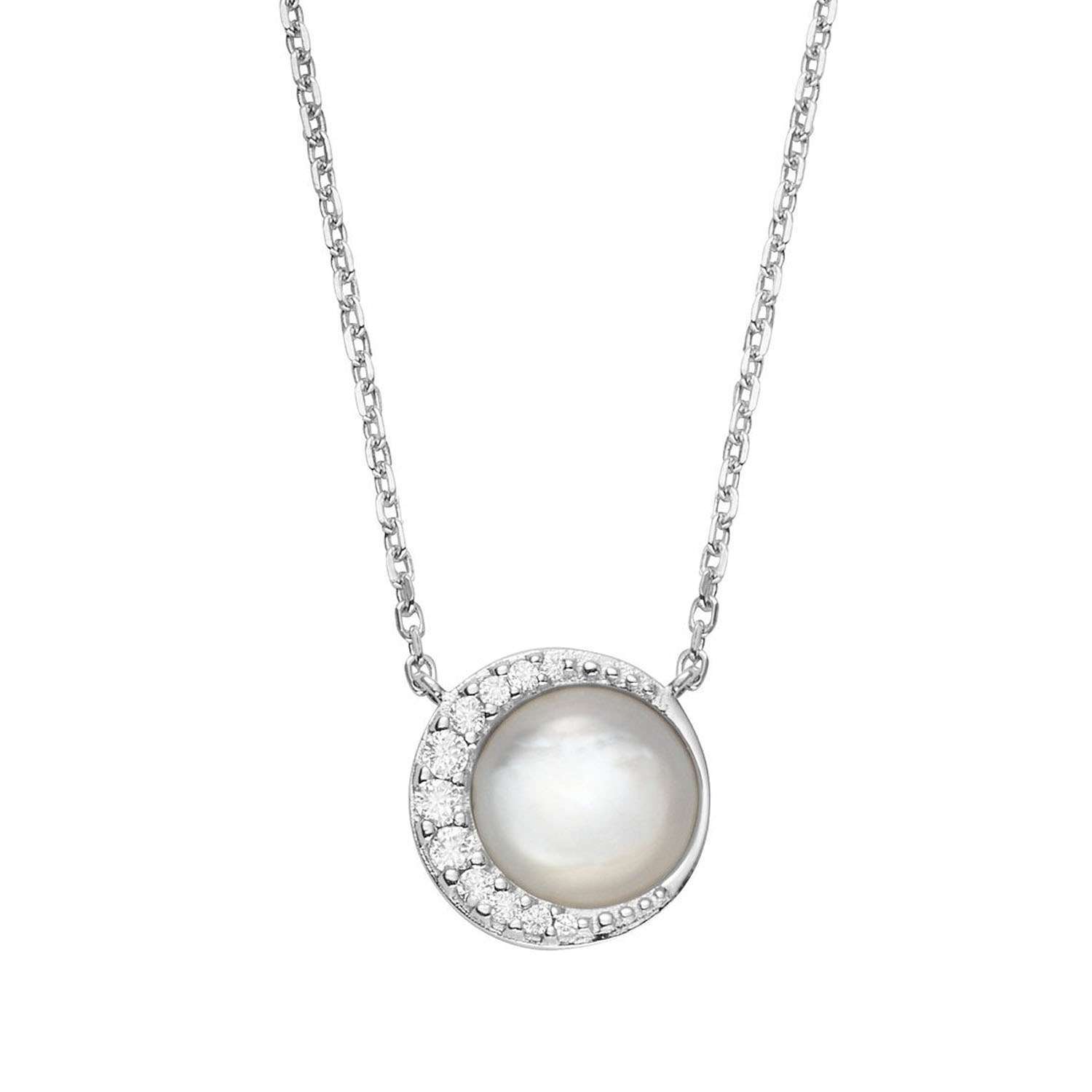 Silber Halskette Fossil mit weissem Perlmutt Anhaenger JFS00579040a