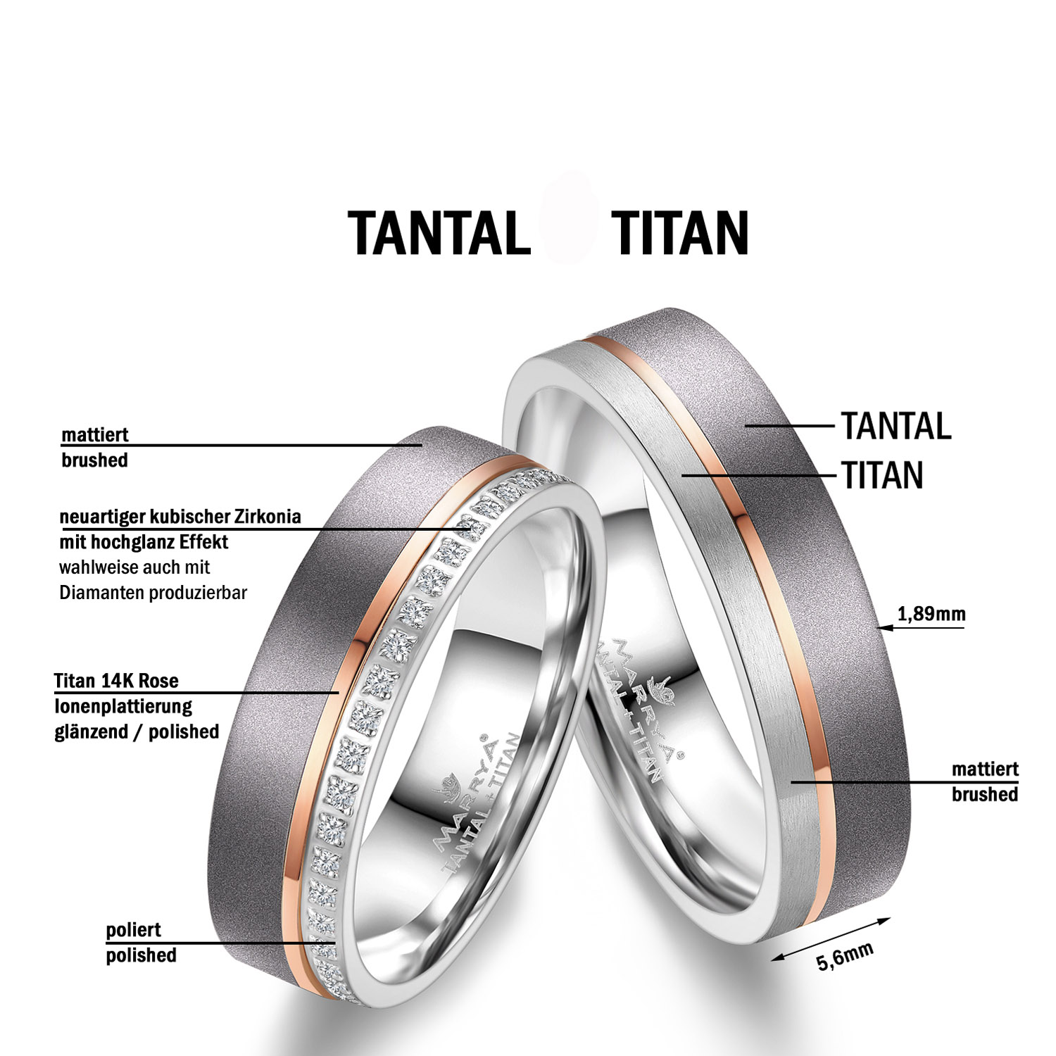 Tantal Titanringe als Trauring mit Rosegold Einlage 61 TA03a