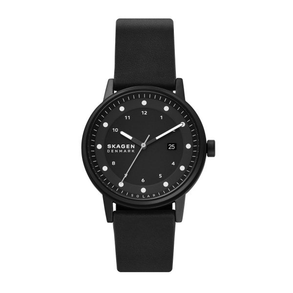 Skagen Herrenuhr schwarz mit Datum und Lederband SKW6740