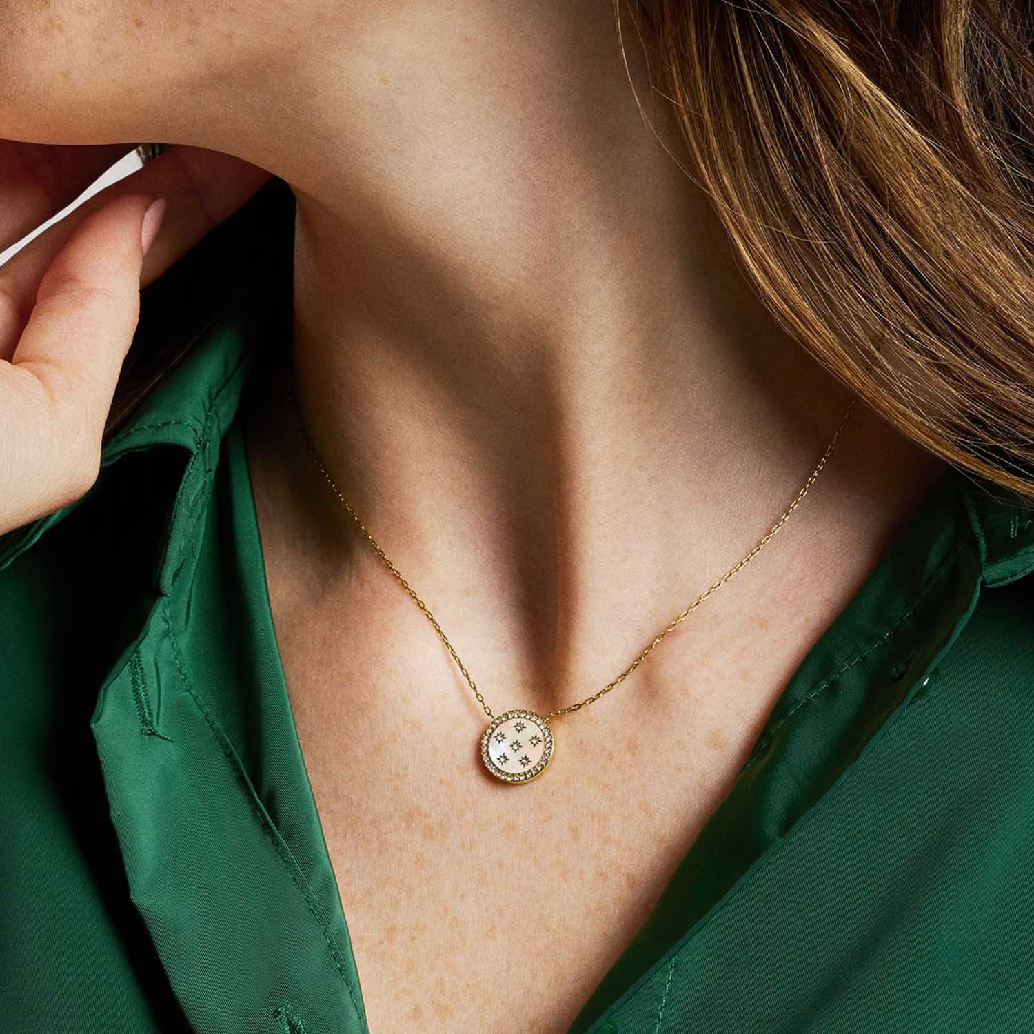 Vergoldete Edelstahl Fossil Kette Perlmutt und Sternen JF04865710d