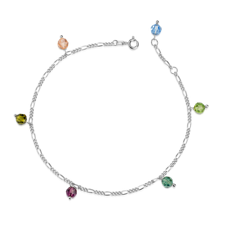 Stabile Silber Fußkette mit bunten Swarovski Kristallen
